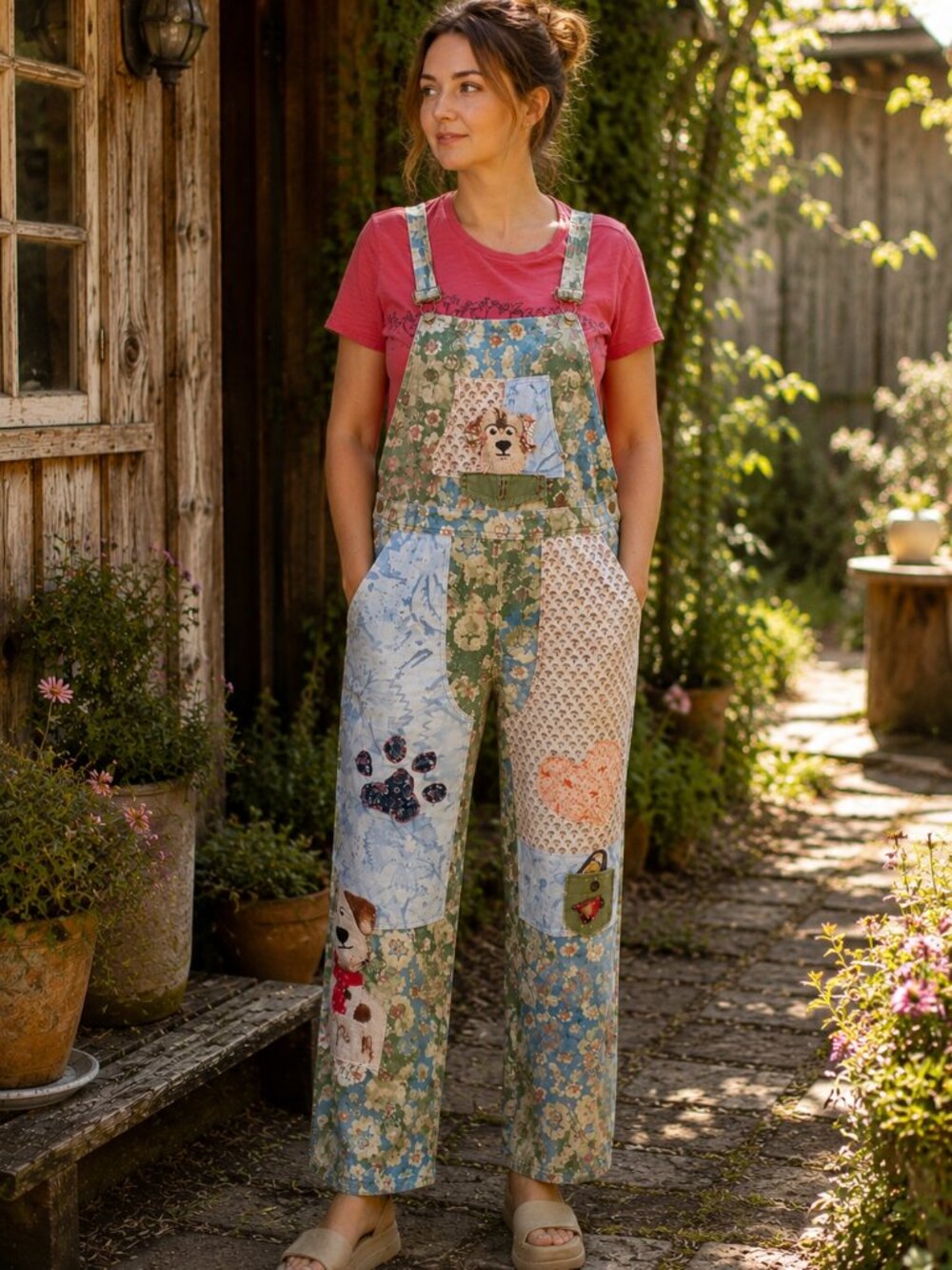OOAK Upcycled Animal Art Overalls Jumpsuit Handmade Cottagecore М